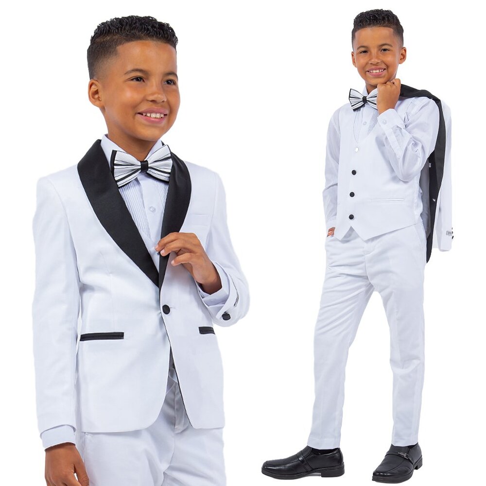 Stacy Adams Boys White Tuxedo Set, 5-Piece Black Shawl Collar